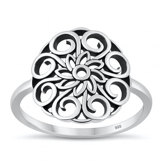 Silver Mandala Flower Ring