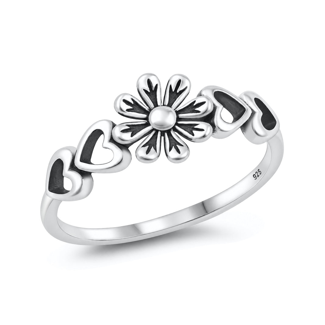 Silver Heart & Flower Ring