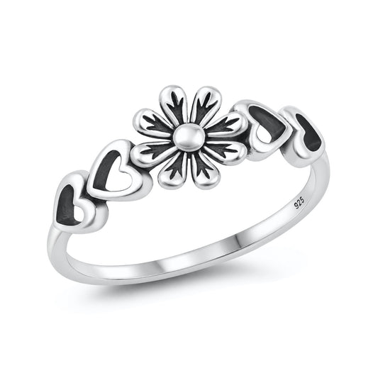 Silver Heart & Flower Ring