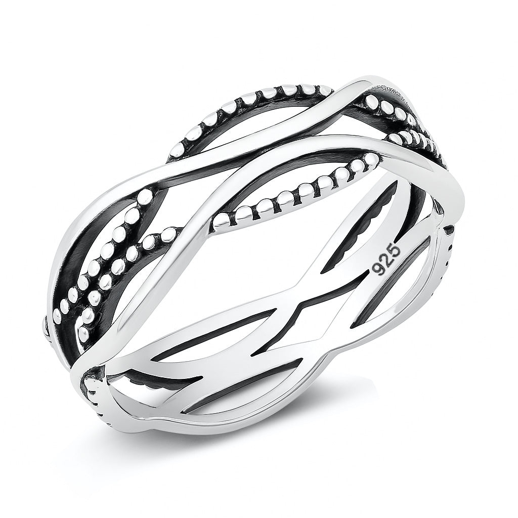 Silver Crisscross Beaded Band Ring