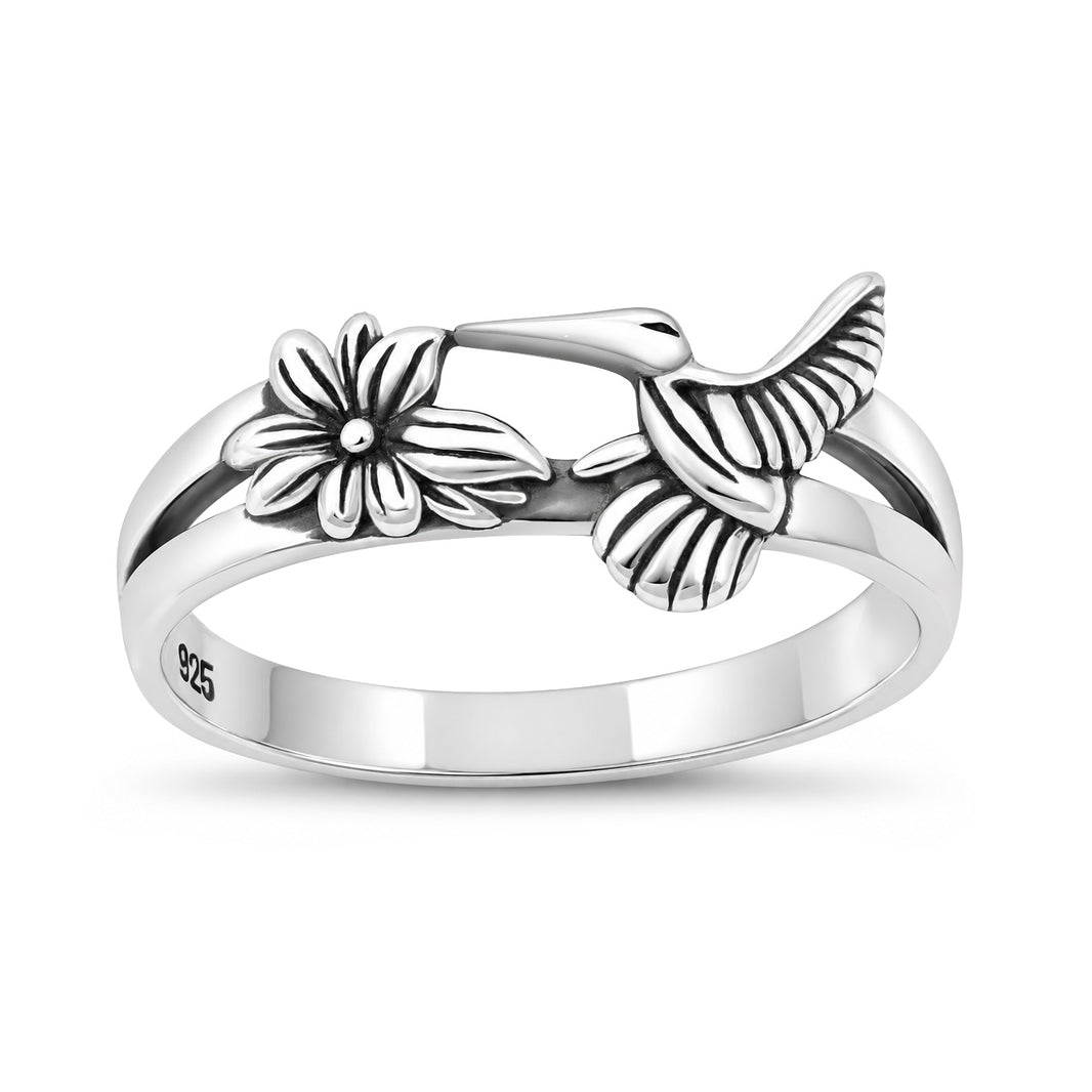 Silver Hummingbird & Flower Ring