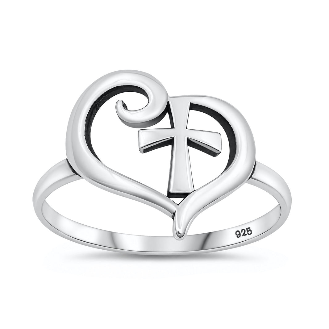 Silver Heart Cross Ring