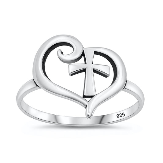 Silver Heart Cross Ring