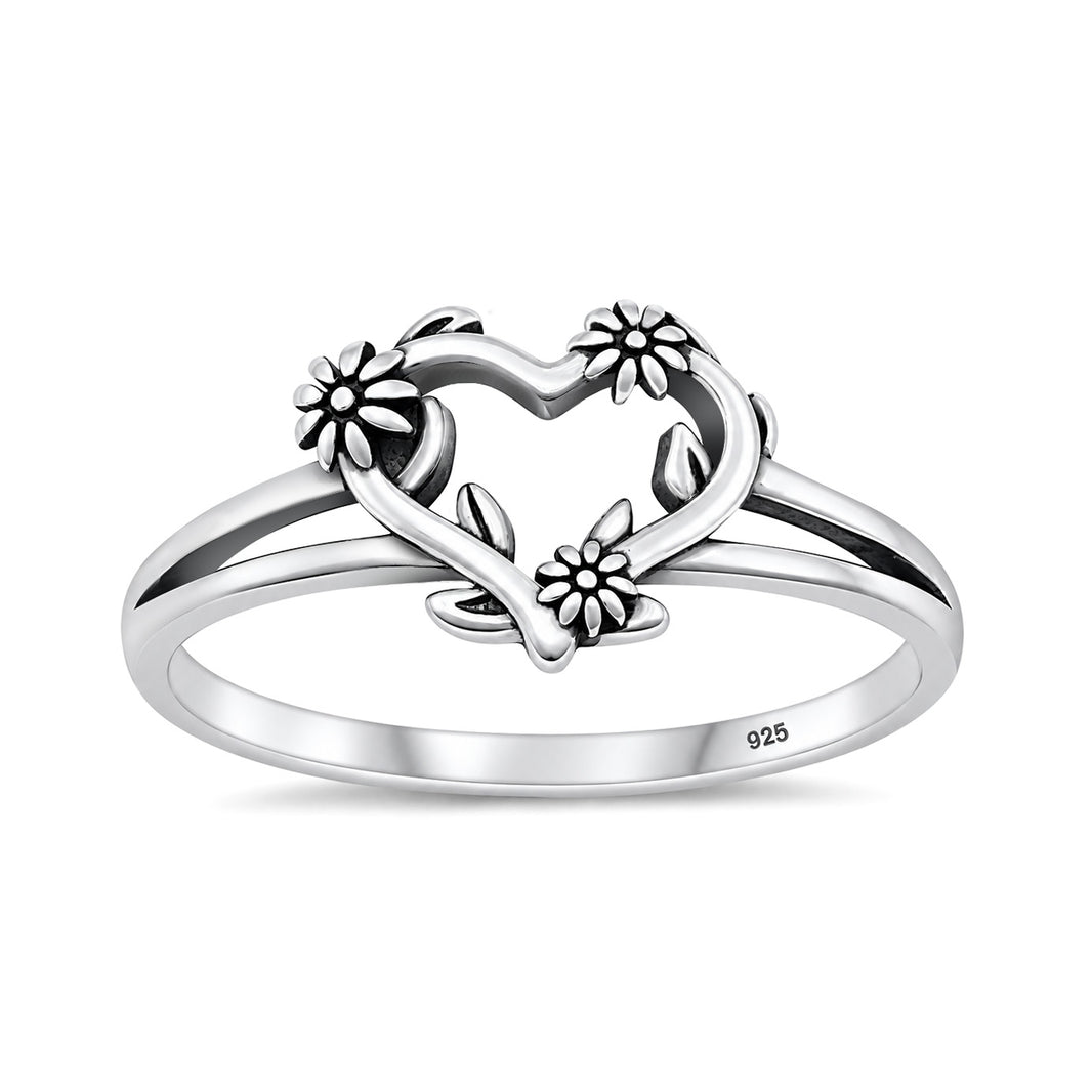 Silver Heart & Flower Ring