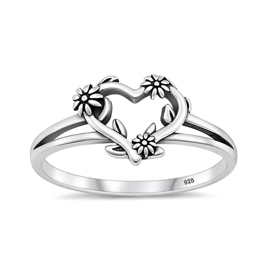 Silver Heart & Flower Ring