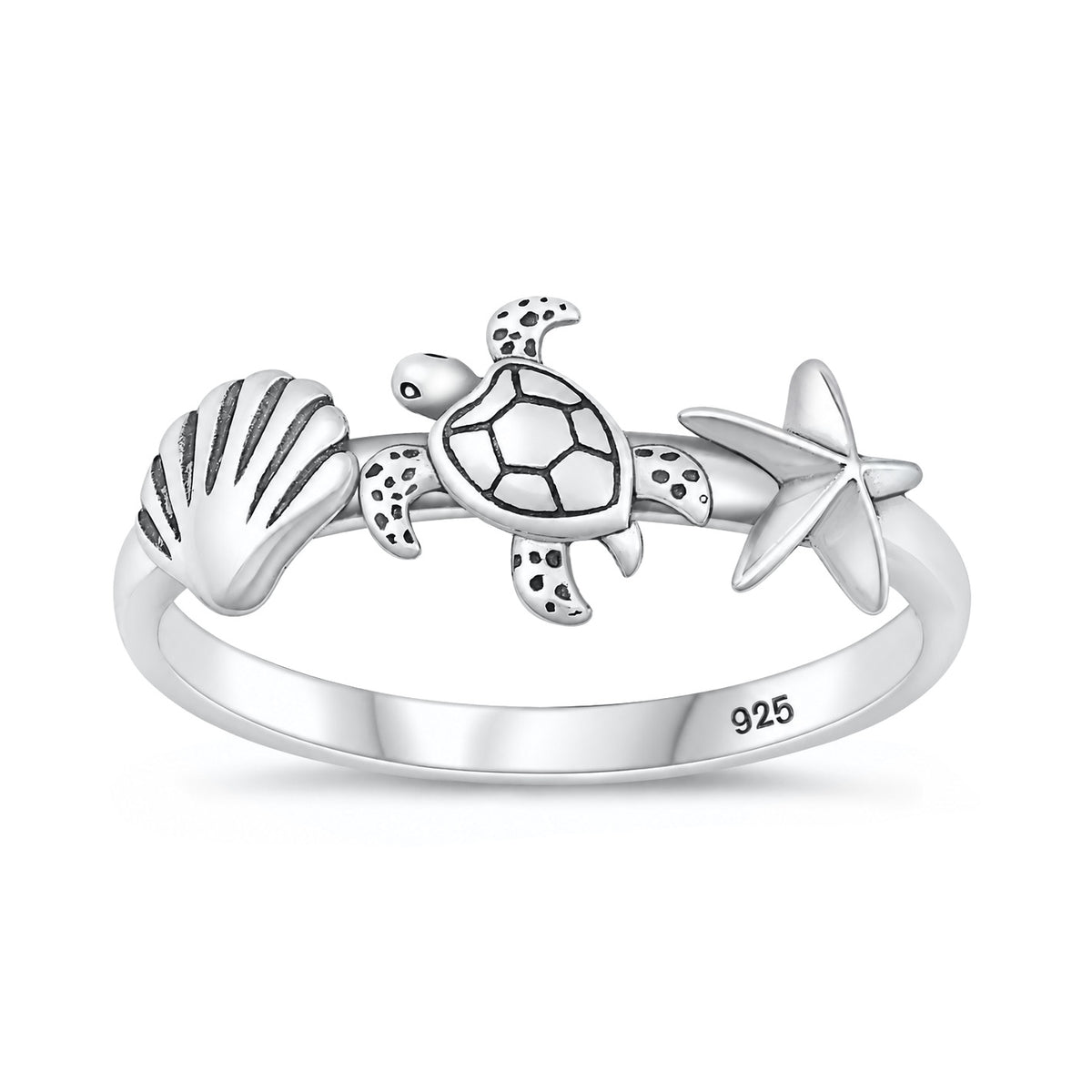 Silver Ring - Seashell Turtle Star