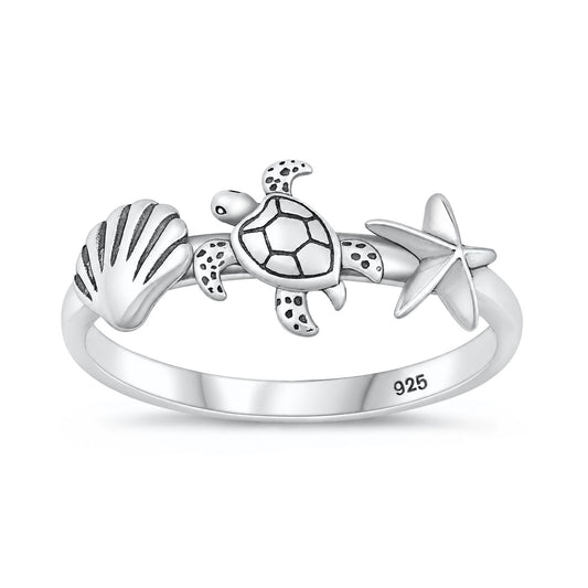 Silver Ring - Seashell Turtle Star