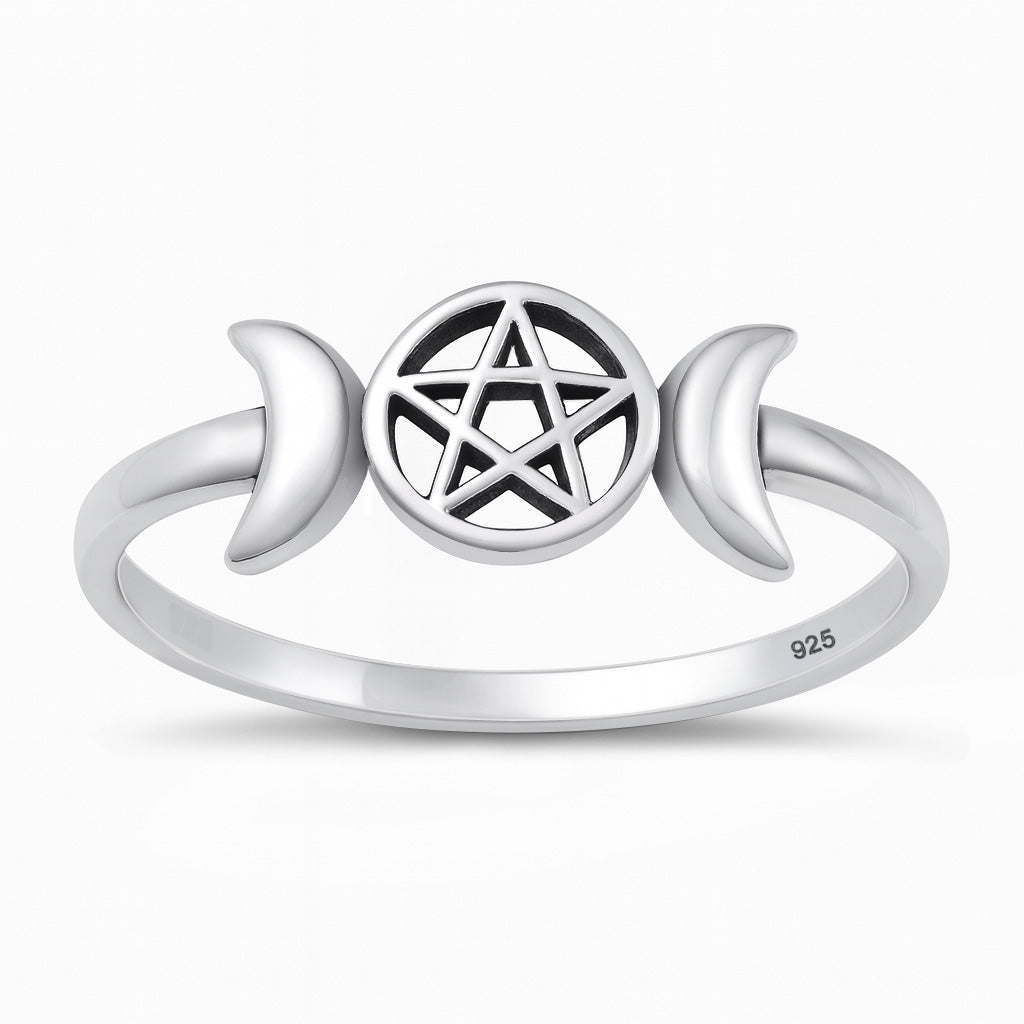 925 Sterling Silver Amethyst Moon Ring – Triple Moon Goddess Jewelry – Sizes 4–12