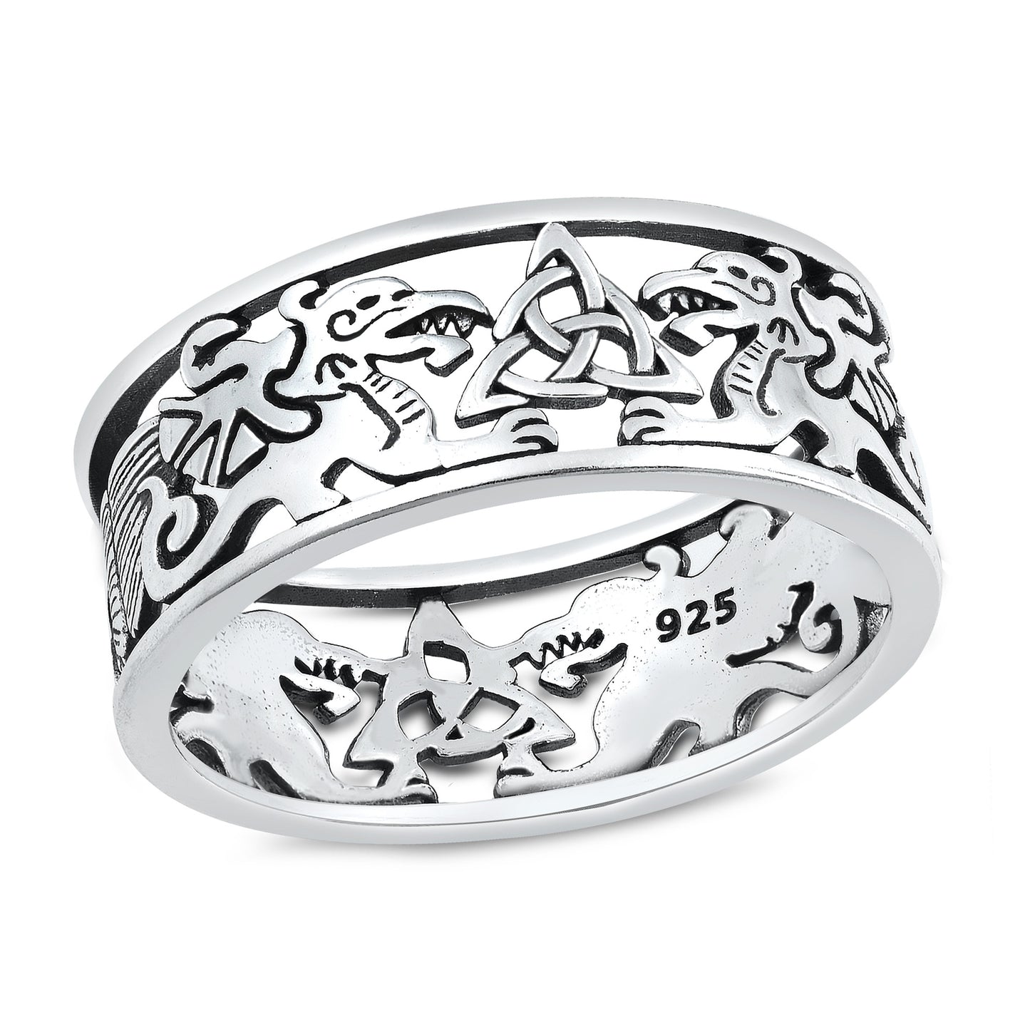 Silver Ring - Celtic Triquetra & Dragons