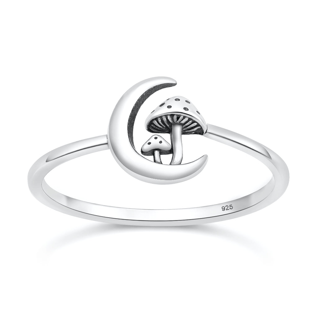 Silver Ring - Moon & Mushrooms