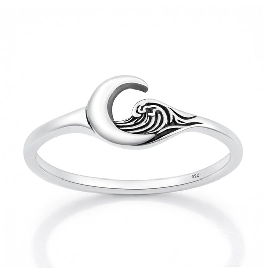 Silver Ring - Moon & Waves