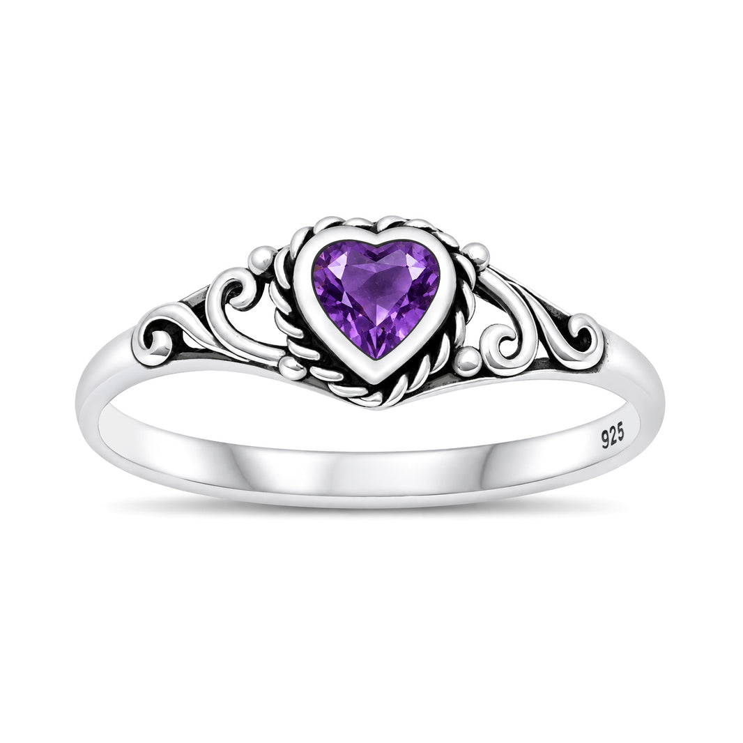 Silver Heart Scroll Stone Ring