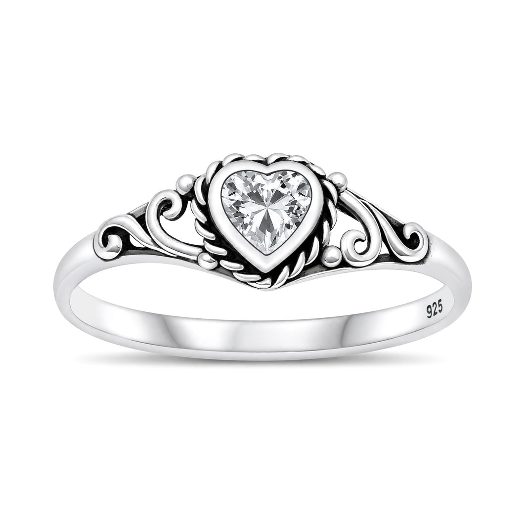 Silver Heart Scroll Stone Ring