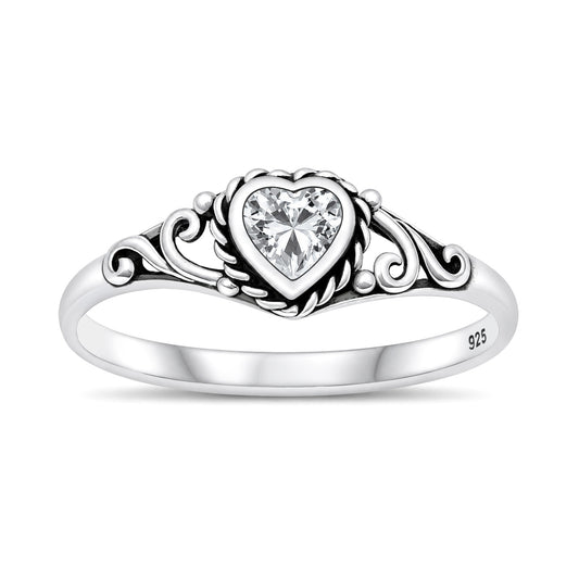 Silver Heart Scroll Stone Ring