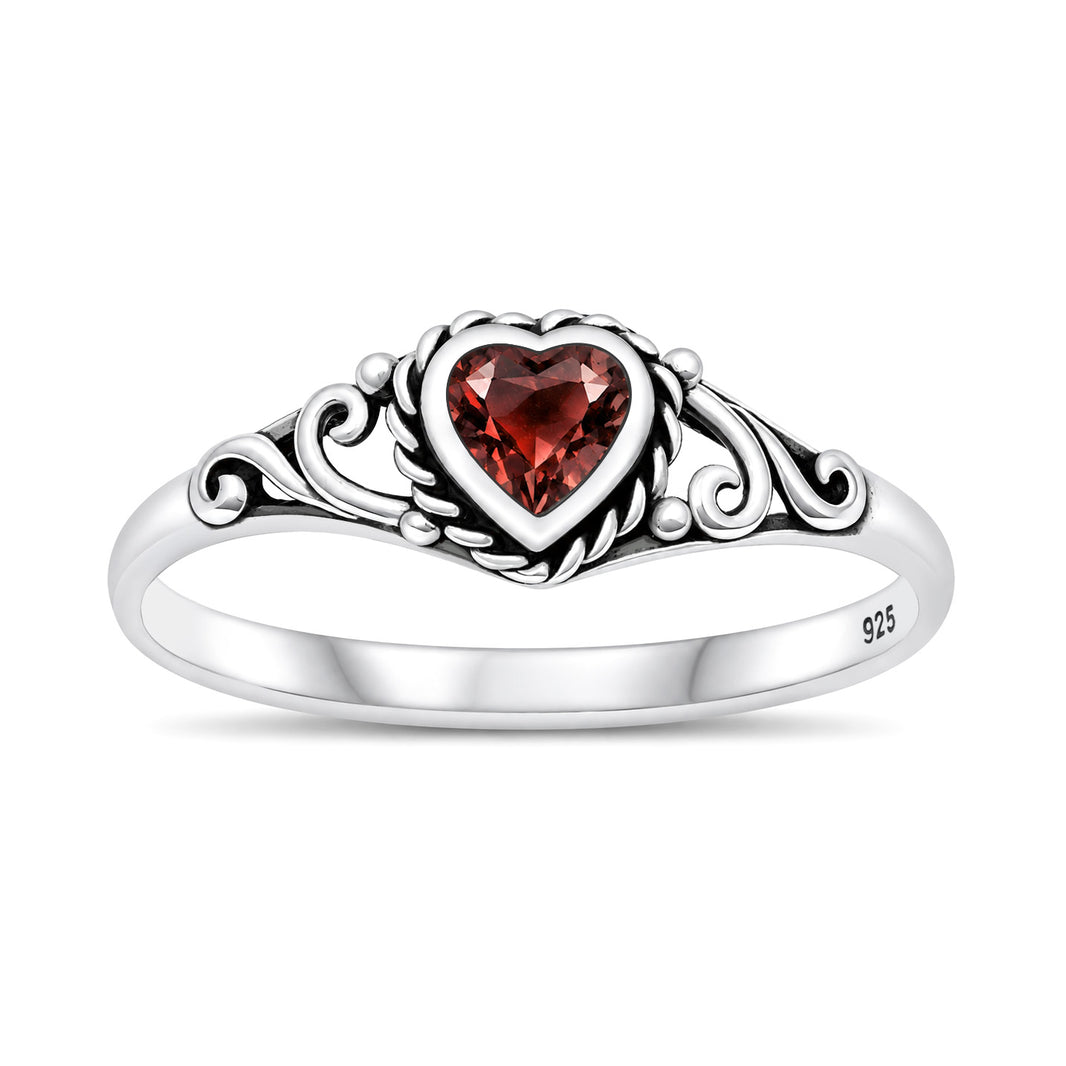 Silver Heart Scroll Stone Ring