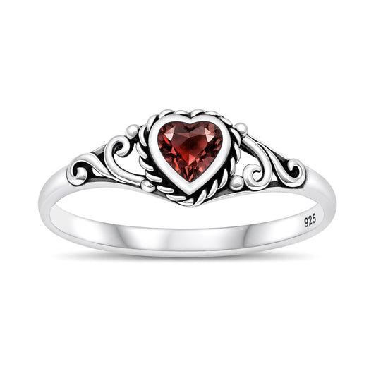 Silver Heart Scroll Stone Ring