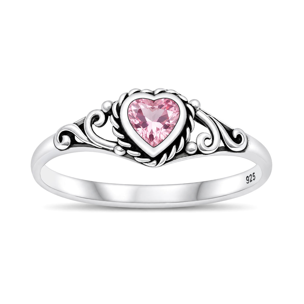 Silver Heart Scroll Stone Ring
