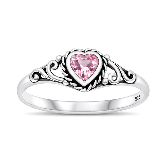 Silver Heart Scroll Stone Ring