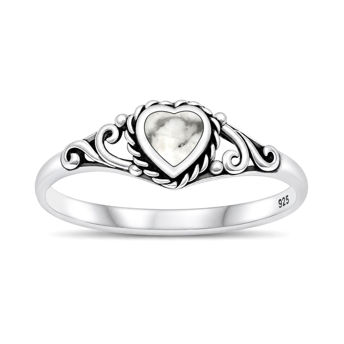 Silver Heart Scroll Stone Ring