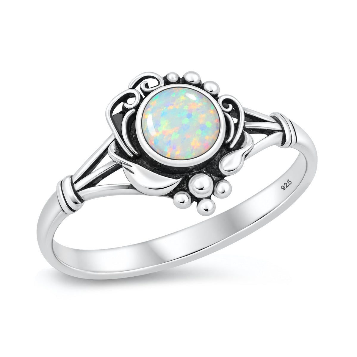 Silver Beaded Floral Stone Ring