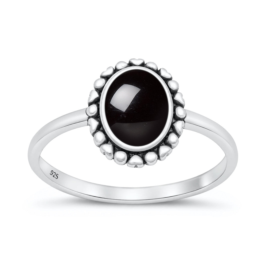 Silver Oval Stone Ring with Heart Border