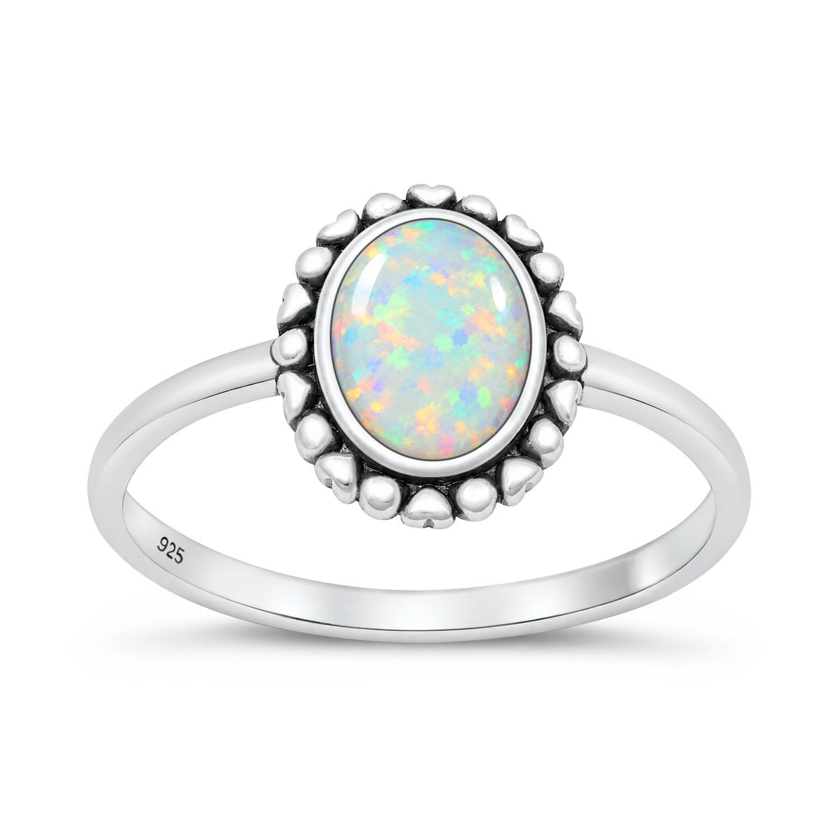 Silver Oval Stone Ring with Heart Border