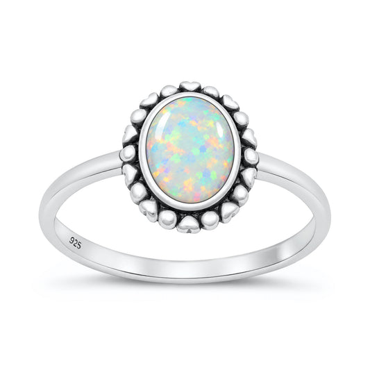 Silver Oval Stone Ring with Heart Border