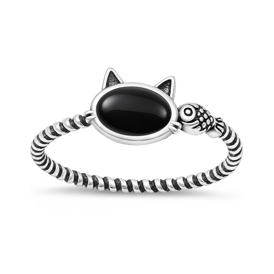 Silver Stone Ring - Cat & Fish