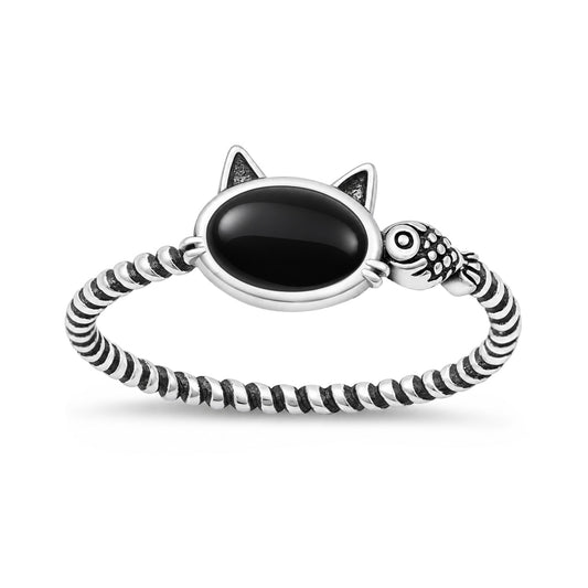 Silver Stone Ring - Cat & Fish