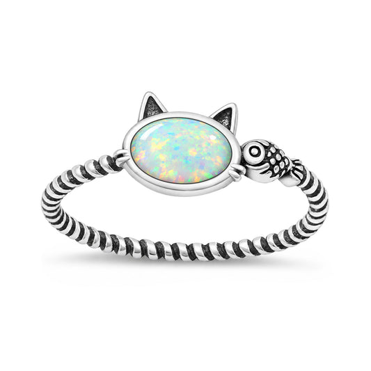 Silver Stone Ring - Cat & Fish
