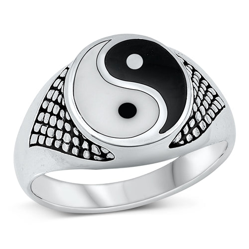 Iyer Rings RS131567-YY Sterling Silver Yin Yang Signet Ring with Black White Yin ...