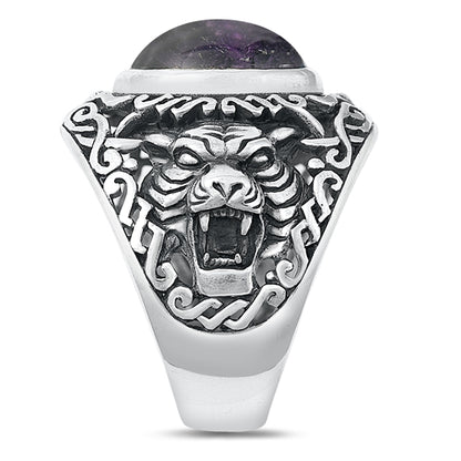 Silver Stone Ring - Tiger Head