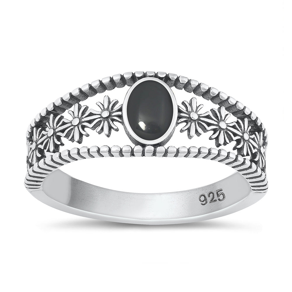 Silver Stone Ring - Flowers