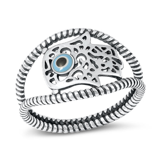 Silver Stone Ring - Hamsa & Evil Eye