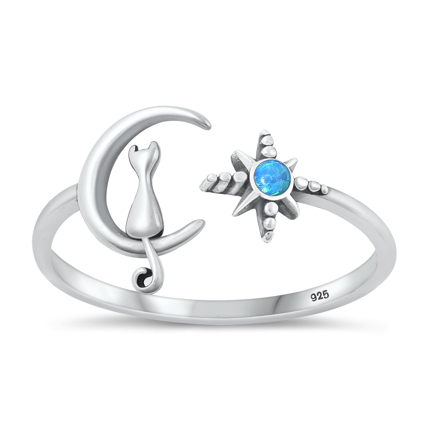 Silver Lab Opal Ring - Cat on Moon & Star