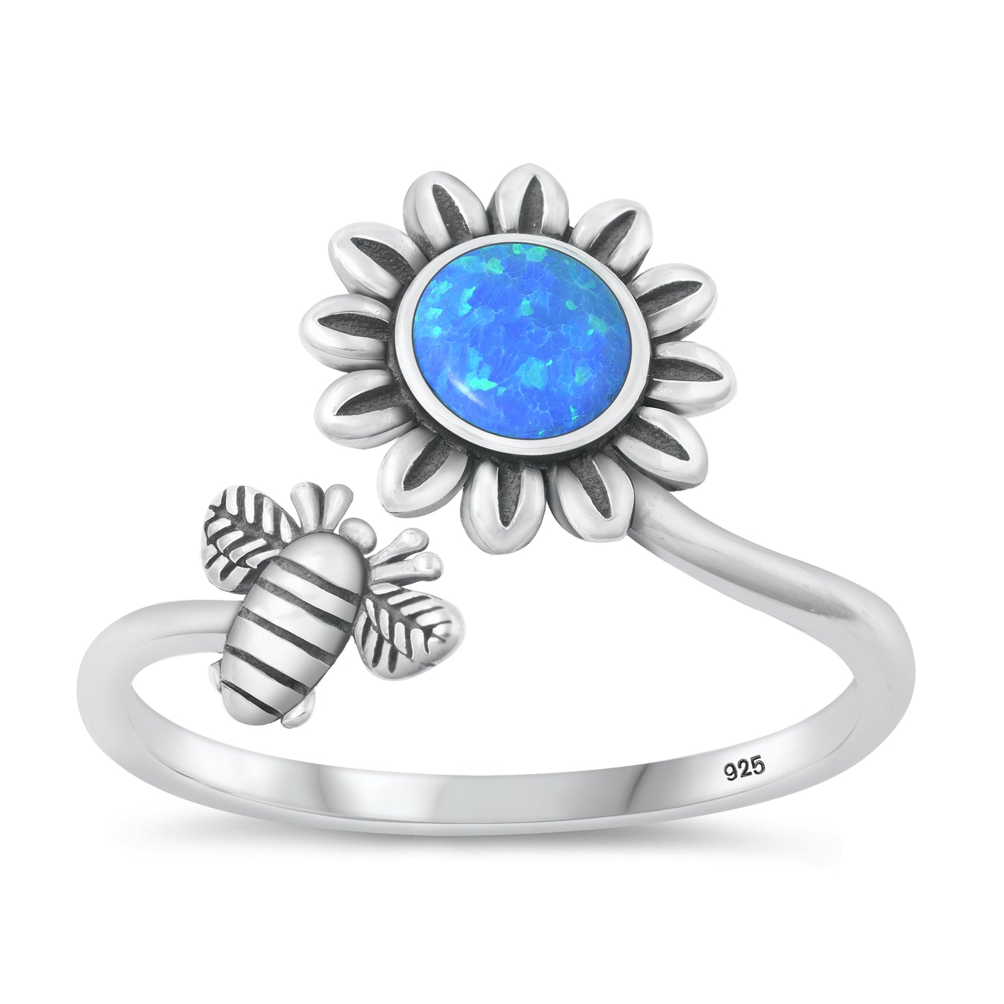 Silver Lab Opal Ring - Flower & Bee