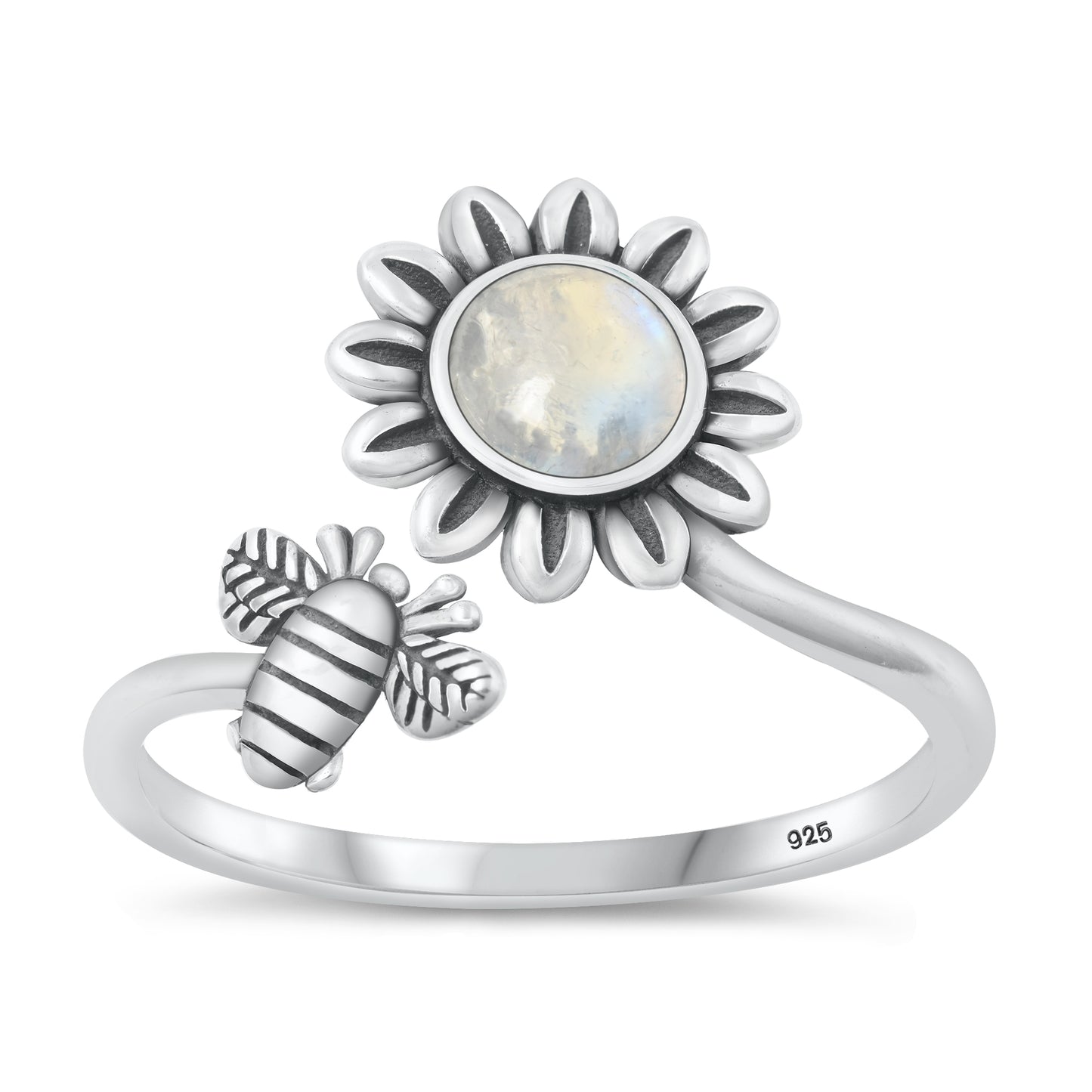Silver Stone Ring - Flower & Bee
