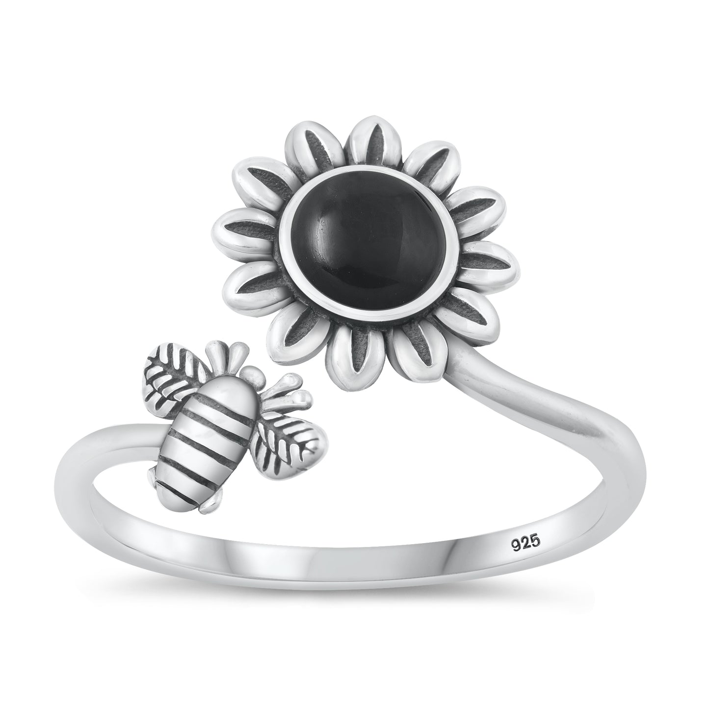 Silver Stone Ring - Flower & Bee