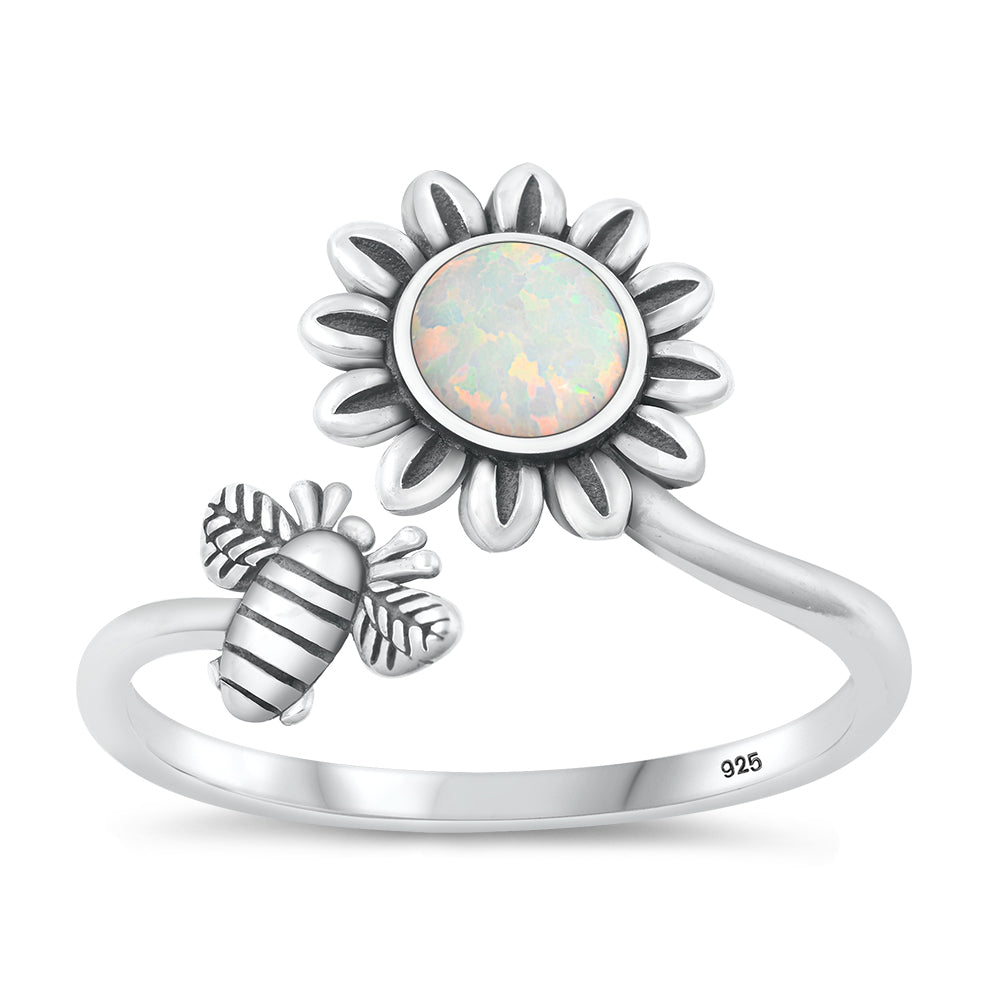 Silver Lab Opal Ring - Flower & Bee