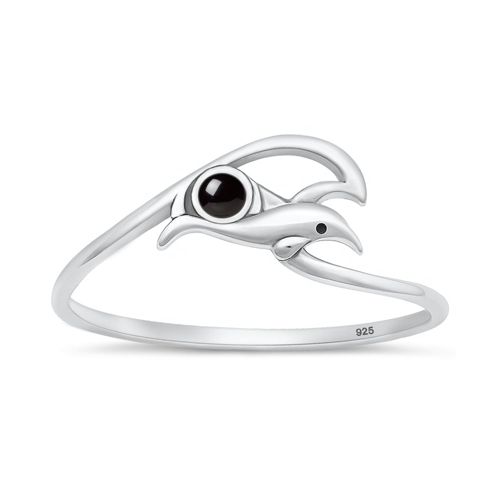 Silver Stone Ring - Dolphin & Wave