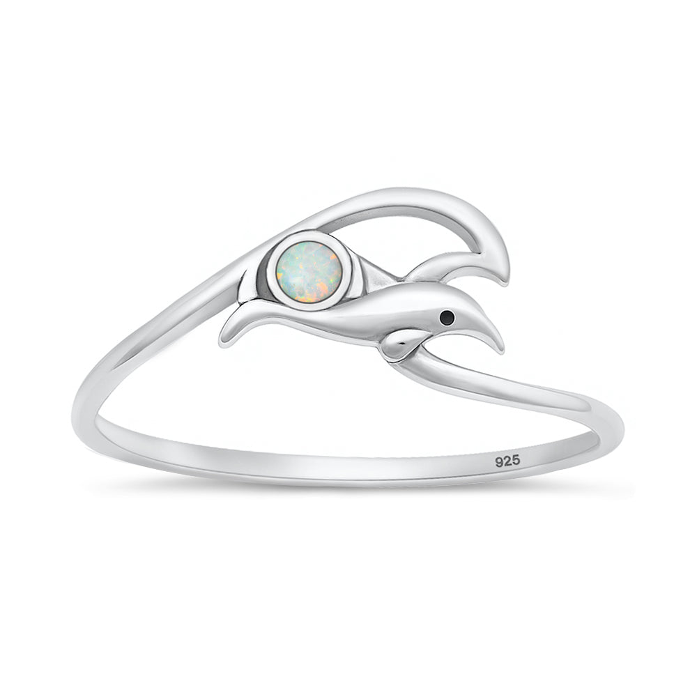 Silver Lab Opal Ring - Dolphin & Wave