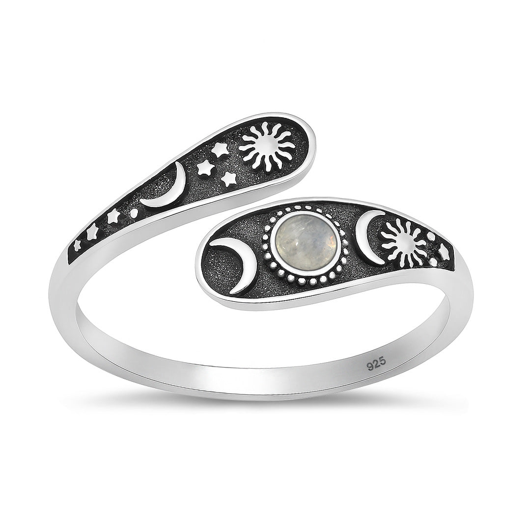 Silver Stone Ring - Celestial Moon Sun Stars