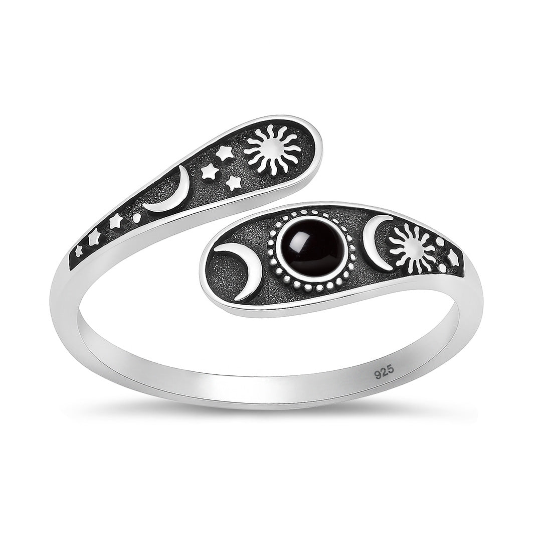 Silver Stone Ring - Celestial Moon Sun Stars