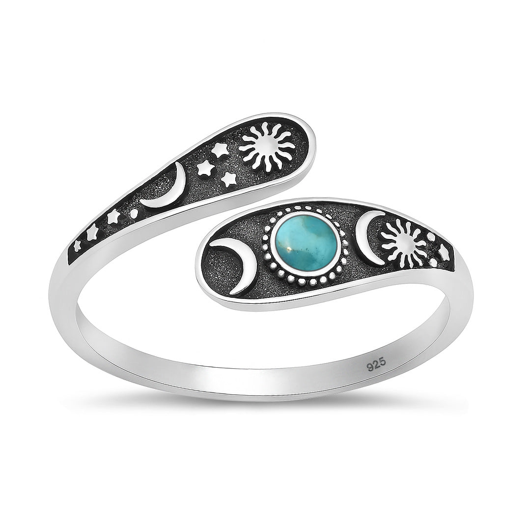 Silver Stone Ring - Celestial Moon Sun Stars