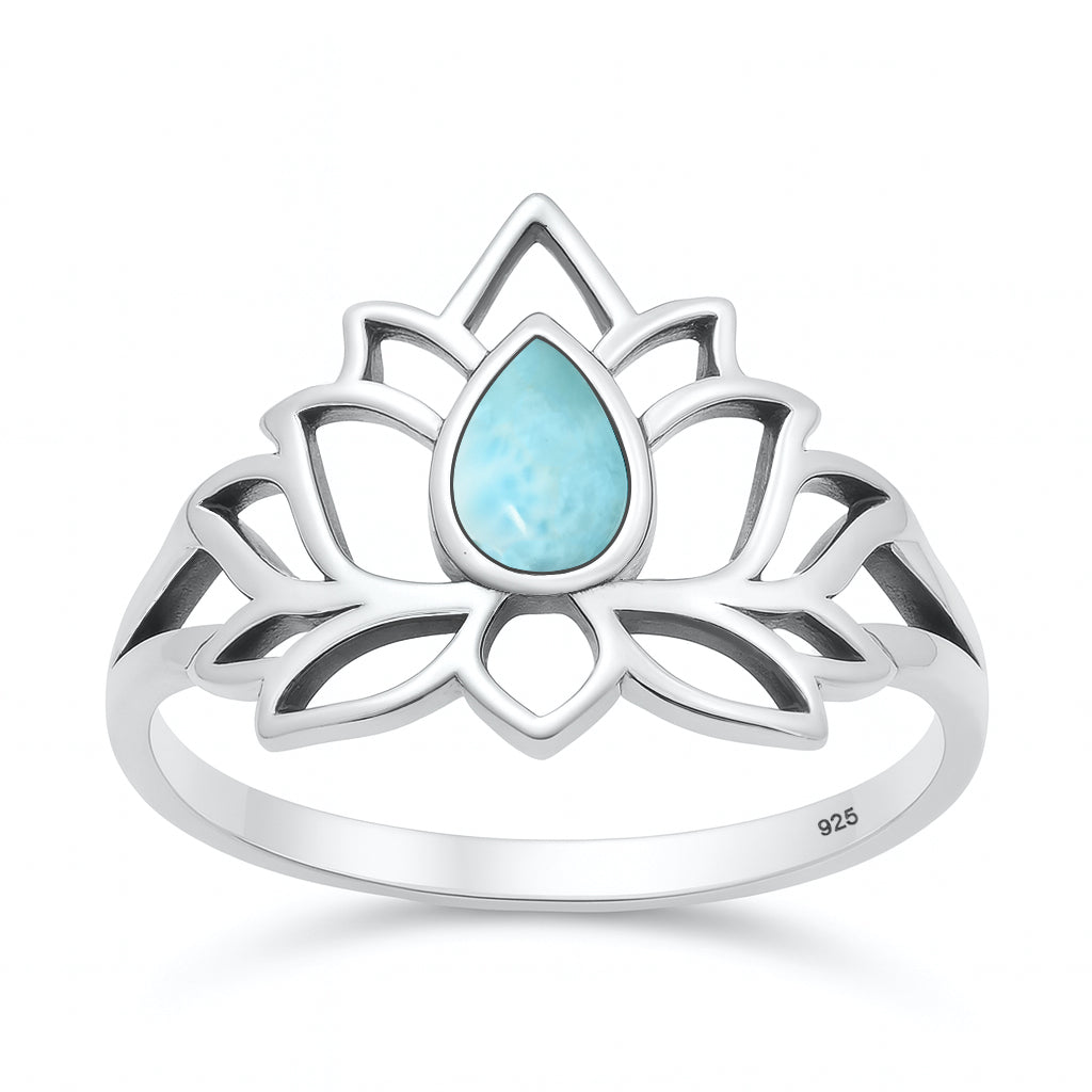Silver Stone Ring - Lotus Flower