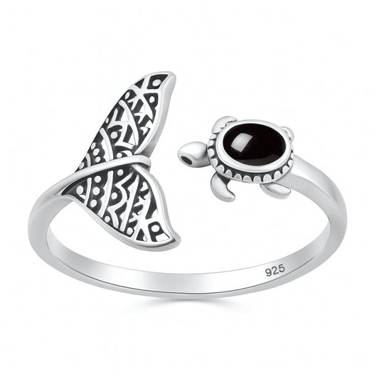 Silver Stone Ring - Turtle & Whale Tail