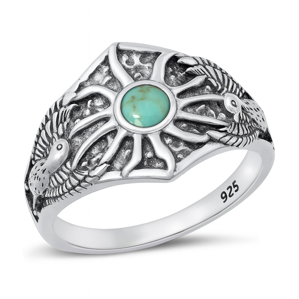 Silver Stone Ring - Phoenix Bird & Sun