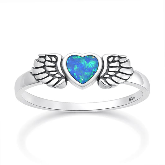 Silver Lab Opal Ring - Heart & Wings