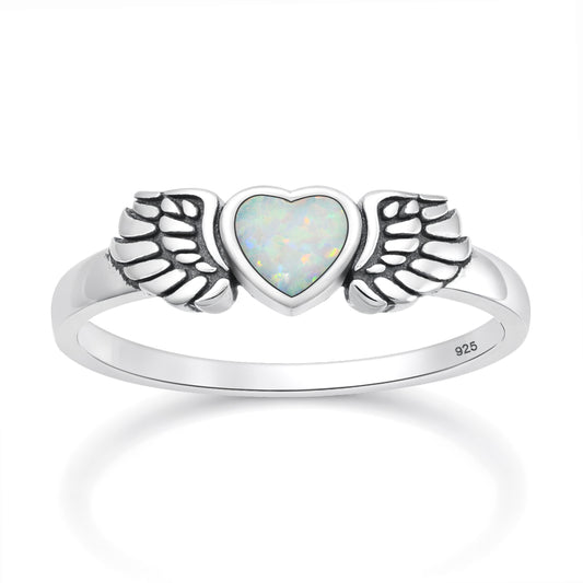 Silver Lab Opal Ring - Heart & Wings