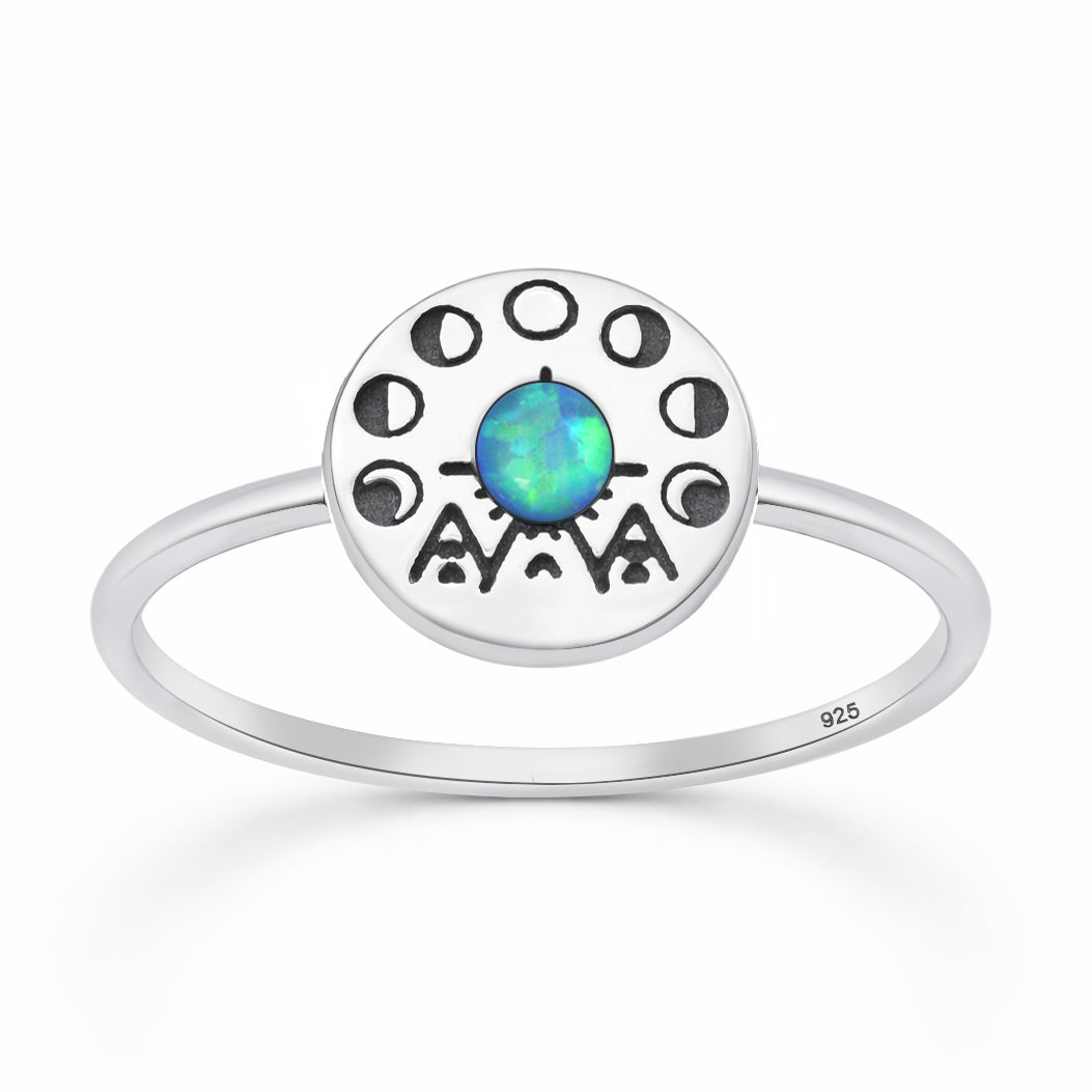 Silver Lab Opal Ring - Tribal Moon Phase